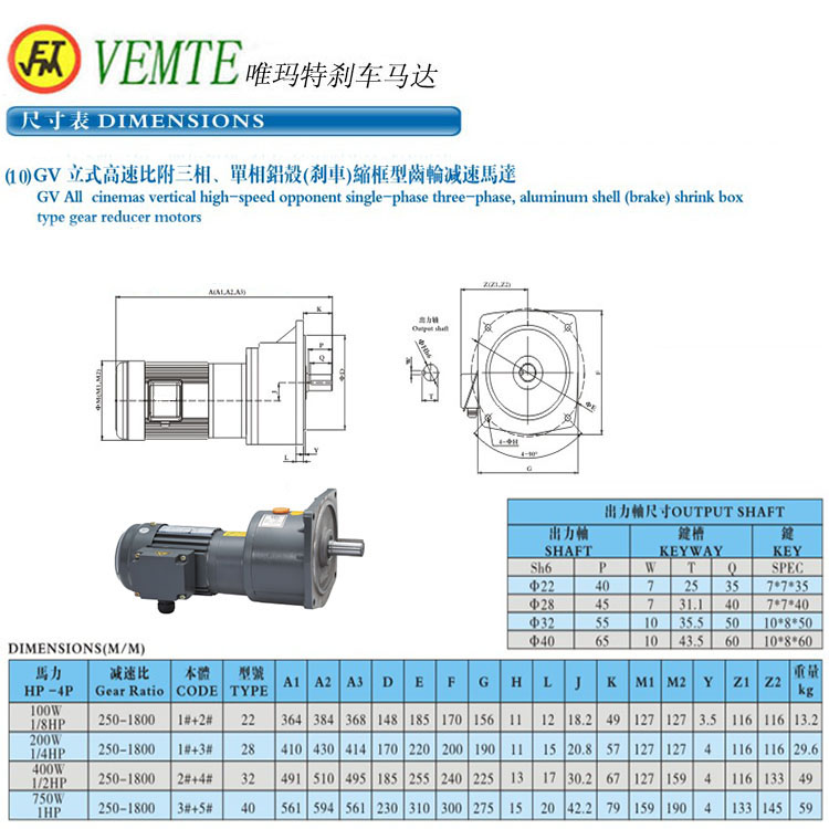 GV立式高速比附三項單項鋁殼剎車縮框型齒輪減速馬達